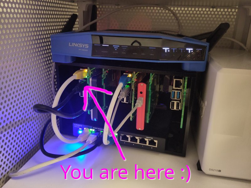 a router, and some tiny servers, an arrow points to one of the servers and the arrow is titled with the text 'you are here'.